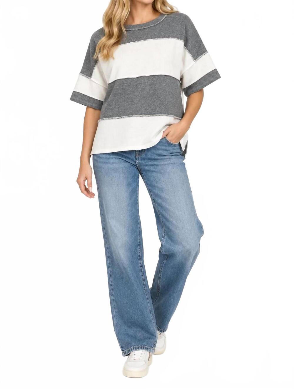 NEW ZENANA french terry color block exposed seam top in charcoal